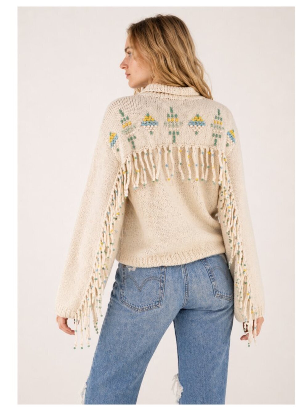 Vintage Hand Knit Fringe Beaded Southwestern Cardigan Sweater - Picture 2 of 8
